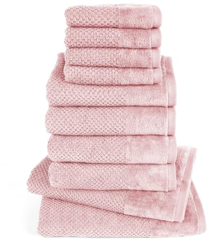 Pure Label 10-TLG. Handtücher Set mit Aufhängeschlaufen aus 100% Baumwolle, saugstark und weich - 2X Badetuch (70x140 cm) 4X Handtuch (50x100cm) 4X Gästetuch (30x50 cm), Rosa