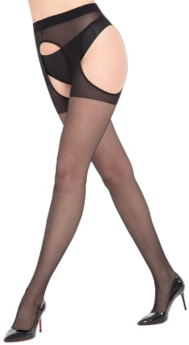 MANZI Crotchless Tights Women Suspender Stockings Sheer Garter Pantyhose 30D Black M-L