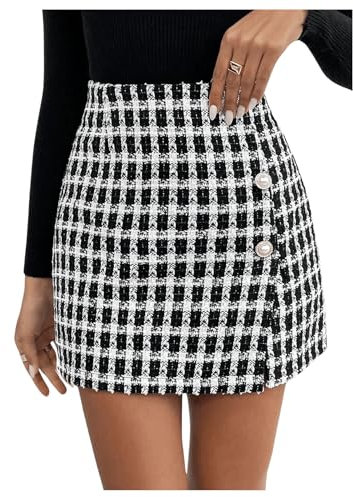 GORGLITTER Kurze Tweed Rock Damen Herbst Karierter Mit Schlitz Eleganter Mit Knöpfen Schwarz L