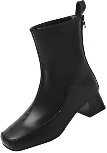 Liaddkv Botas bajas para mujer con tacón – Botines con cremallera trasera – Tacón bloque – Botas de piel – Botas de tacón corto – Punta cuadrada – Botas para mujer, Negro , 38 EU