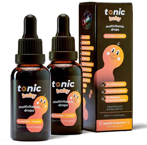 Tonic Health Gocce multivitaminiche per bambini, 14 vitamine A, C, D, minerali e piante, senza zucchero/conservanti, vitamine per bambini da 6 a 36 mos per crescita e sviluppo, pesca e banana, 30 ml