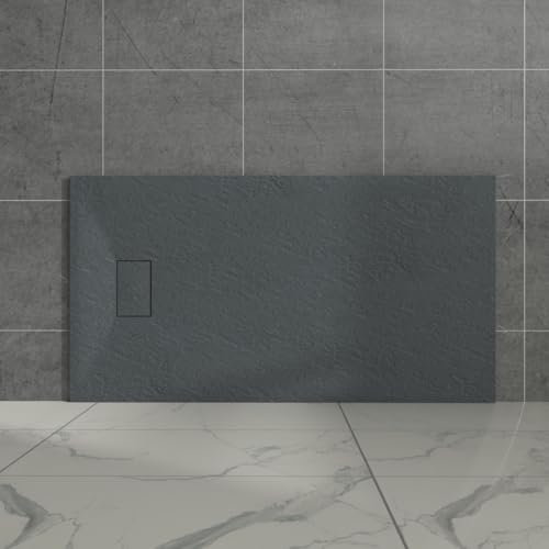 Aquariss Anthracite Rectangular Shower Tray Slate Effect SMC Slip-Resistant Shower Base for Bathroom Enclosures 1400x800mm with Waste