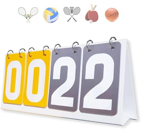 Honicemar Waterproof Double-Digit Sports Scoreboard Portable Flip 4 Digit Score board for Sports Competition Football Basketball Tennis Rugby Table Tennis Badminton Score Keeper and More - yellow gray