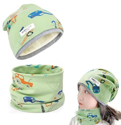 Cappello Sciarpa Bambino, Invernale Cappello e Scaldacollo Bambino, Berretto e Scaldacollo in Maglia Cotone, Beanie Cappello Scaldacollo per Primavera Autunno e Inverno 2-8 Anni (Veicoli Costruzione)