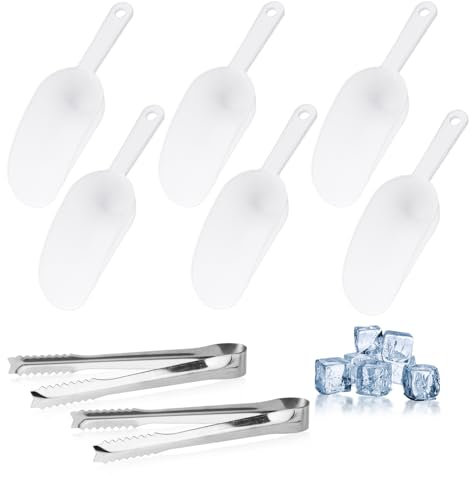 6 Stück Eisschaufel und 2 Zuckerzange, Kunststoff Futterschaufel Mehlschaufel, Abwiegeschaufel Abfüllschaufel für Bar, Küchen, Büfett, Party