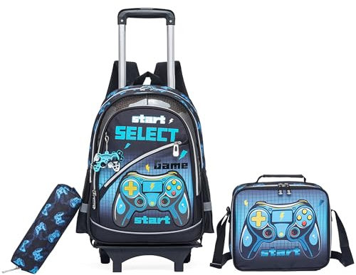 HTgroce 3pcs Rucksack Trolley mit 2 Rollen für Kinder Jungen Schultasche Schulranzen Kinderrucksack Schultrolley Schulrucksack Mit Brotzeittasche und Federmäppchen