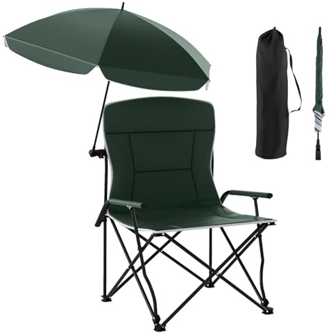 KOMFOTTEU Silla de Camping con Sombrilla Ajustable, Silla de Playa Plegable Acolchada con Reposabrazos, Sillón de Pesca con 2 Bolsas de Transporte, Carga 150 kg, para Barbacoa, Jardín