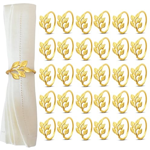 Chumix Anelli Portatovaglioli Oro 30 Pezzi, Design Foglia, Decorazioni Tavola Eleganti, Ferma Tovaglioli per Matrimoni, Cene, San Natale, Valentino, Pasqua e Riunioni Familiari