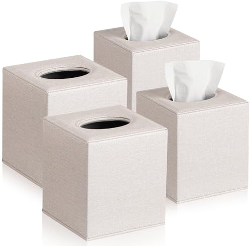 VZZNN 4 Pack Square Tissue Box Cover - Modern Cube Tissue Holder with Magnetic Base, Decorative Tissue Organizer for Bathroom Vanity, Dresser, Countertop, Bedroom, Office, and Car, Beige