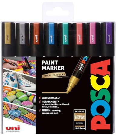 Posca Pens PC-5M Medium Acrylic Metallic Permanent Paint Markers for Adults. Perfect for Colouring, Fabric, Graffiti, Watercolour, Outline Drawing, Window and Glass Art. 8 Pack