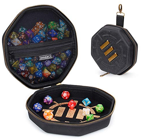 ENHANCE Tischspiele Würfel Fall und Würfel Rollen Tablett - Würfelschale und Vorratsbehälter für bis zu 150 RPG Würfel - Robustes Schutzdesign mit Weichem Innenraum - Tischspiele Zubehör (Schwarz)
