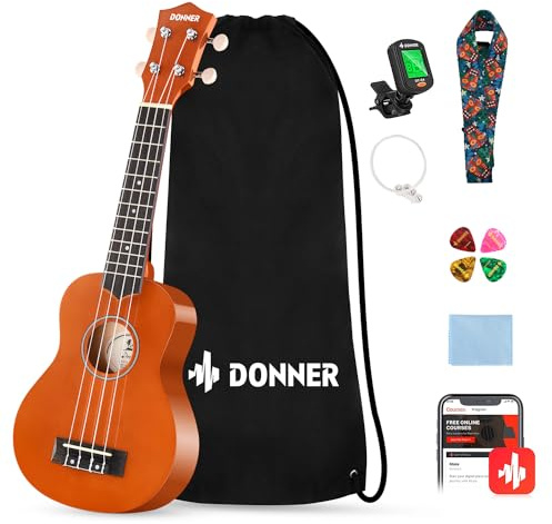 Donner Ukelele para Niños Principiante Ukelele Soprano Kit 21 Pulgadas Ukulele Adulto con Bolso Correa Afinador, Color de Caoba con Online Lección