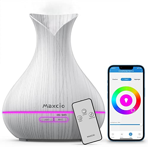 Maxcio Diffusore di Oli Essenziali Alexa, APP Controllo, 400ML Diffusore di Aromi Compatibile con Alexa/Google Home, 2 Modi Nebbia, Diffusore Aromi Bianco con Telecomando, 7 Colori LED, Senza BPA