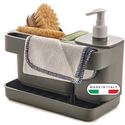 Snips Riordinello grå, svamphållare med dispenser, diskbänkarrangör grå, förvaringslåda för redskap 12L x 18W x 21H cm, tillverkad i Italien, 0% BPA och ftalatfri