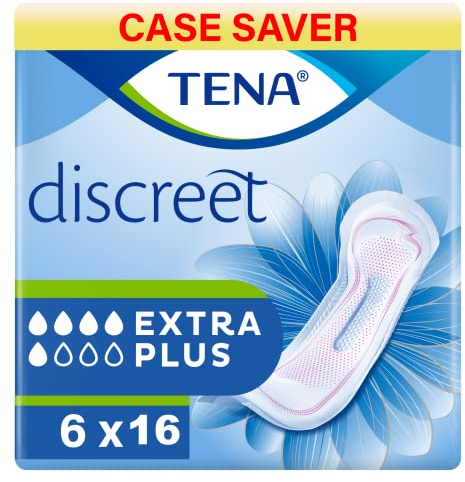 TENA Lady Discreet Extra Plus, 96 Inkontinenzeinlagen (16 x 6 Packungen) einzeln verpackt für Frauen mit mittlerer bis schwerer Blasenschwäche, Inkontinenz und unvorhersehbarem Auslaufen