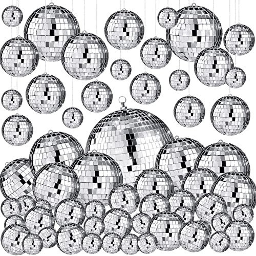 Funtery 100 Pcs Bulk Silver Mirror Disco Ball Ornaments in Various Sizes Hanging Disco Balls Decorations for Christmas Tree Dance Music 50s 60s 70s Themed Party