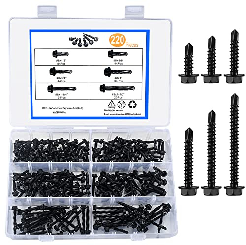 220 Pcs. Hex Head Self-Drilling Stainless Steel Screws Set, M4.2 with Washers, Metal Drilling Screws for Sheet Metal