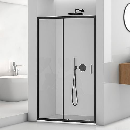 Porta doccia per nicchia 140 cm nero opaco con vetro trasparente H 195 cm, anta scorrevole con installazione reversibile, Tay