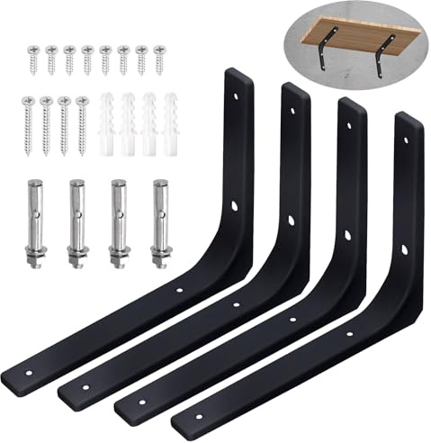 Swpeet 4 Pack 10 L x 8 H Metal Wall Rack Staff, Heavy Duty Floating Rack Support Staff, Decorative Joint Angle L Steel Bracket Kit contiene viti 20/40MM, ancoraggi, bulloni per domestico, nero