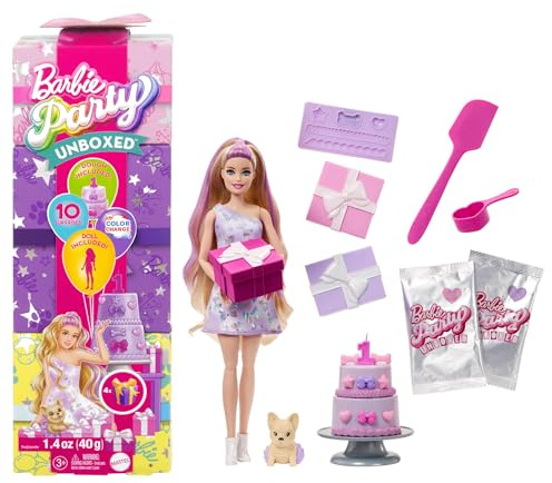 Barbie Party Unboxed Puppe und Accessoires, Haustier-Geburtstagsserie, Birthday Bows-Set mit 10 Überraschungen inklusive Farbwechseleffekt und Kuchendekoration, JFG70