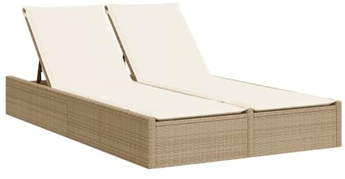 vidaXL Sonnenliege, Doppelliege mit Auflagen, Gartenliege Verstellbare Rückenlehne, Relaxliege Liege Gartenmöbel, Beige Poly Rattan