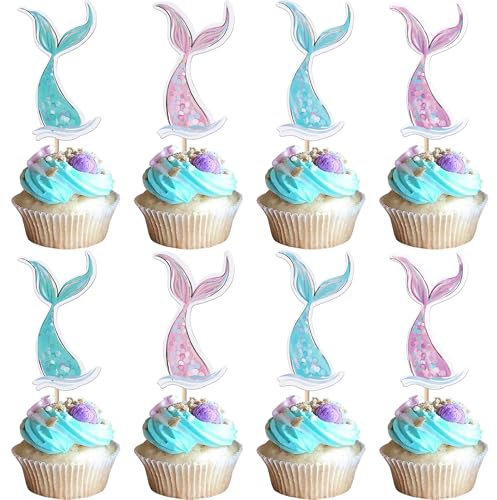 40 Pack Mermaid Cupcake Toppers Under the Sea Mermaid Tail Cupcake Picks for Summer Ocean Sea Animal Theme Baby Shower Kids Birthday Party Cake Decorations Supplies