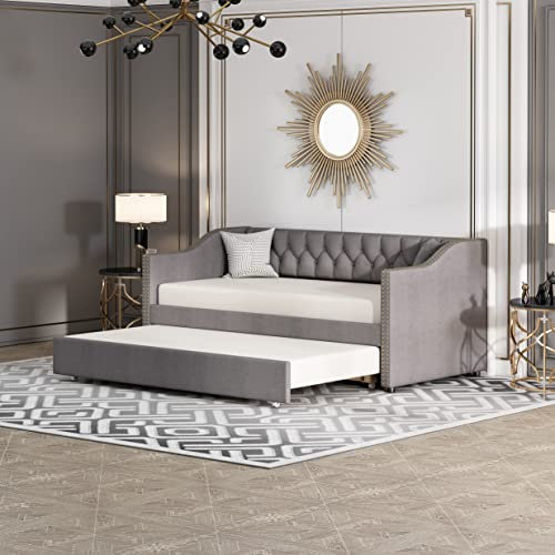 Aoskem Polsterbett Tagesbett 90x200 cm mit Ausziehbett, Einzelbett Kinderbett Schlafsofa Daybed Bettgestell mit Lattenrost, Bettsofa Jugendbett Gästebett, Ohne Matratze, Leinen (Grau)