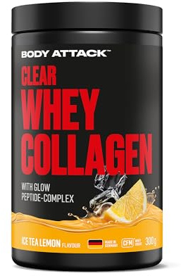 Body Attack Clear Whey Collagène 300 g – Ice Tea Citron – Avec complexe de collagène brillant pour les muscles, la peau et les os – Poudre de collagène à base de protéines de lactosérum CFM, avec