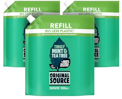 Original Source Mint & Tea Tree Shower Gel with 100% Natural Fragrance, Vegan Shower Gel, Paraben Free Body Shower Wash, Multipack of 3 x 1000ml