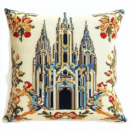 ANSIWEIGO Cojín de nudos, 43 x 43 cm, kit de anudado con ganchos, para principiantes y adultos, lienzo impreso, cojín decorativo 3D para sofá, iglesia europea