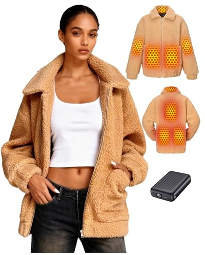 Topdot Veste chauffante polaire femme avec batterie externe 18 400 mAh 12 V - 8 zones de chauffage avec 3 températures, Manteau d'hiver décontracté en polaire chaude et moelleuse,Kaki,M
