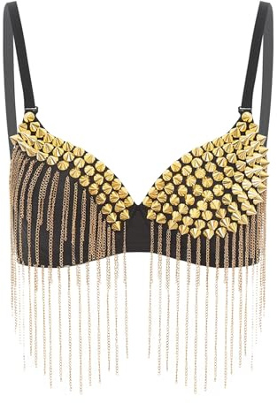 Top de lentejuelas para mujer con flecos, parte superior brillante para danza del vientre, top corto con borlas, bustier, bikini rave, dorado, S