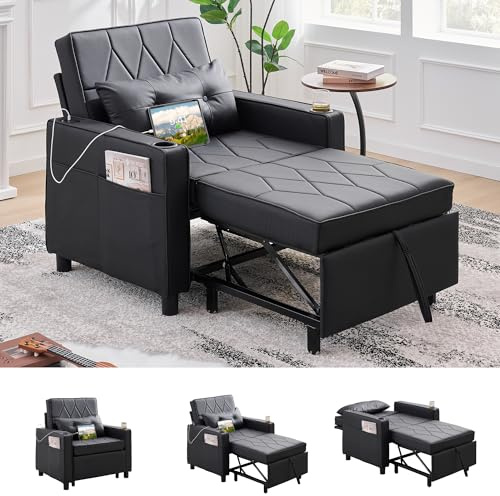 TYBOATLE Leather Convertible Sleeper Chair Bed for Adults, 3-in-1 Pull Out Sofa Chair Bed with USB/Type-C Ports, Cup Holders, Side Pockets, Single Sofa for Living Room, Office, Bedroom (Black)