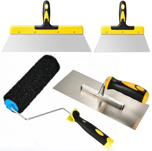 Spackelset med Spackelrulle, 4-delars Verktyg i Rostfritt Stål för Gipsskivor och Väggreparation, 23 cm Roller, Glättningsspackel 25/40 cm och Glättbräda
