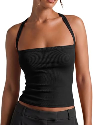 Xiaoliny Débardeur Femme Dos Croisé Sexy Halter Top Côtelés Col en Carré Été Slim Fit Sport Haut Court Chic et Élégant T-Shirts sans Manches Sexy Y2K Crop Tops Basique pour Décontracté Streetwear