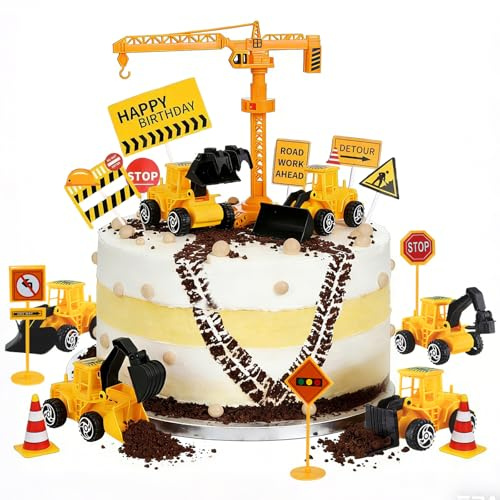 18 Pezzi Decorazione per Torte da Cantiere, ZoneYan Decorazione di Compleanno di Escavatori Ruspa, Decorazioni per Feste di Costruzione, Cartelli Stradali Topper per Bambini Compleanno
