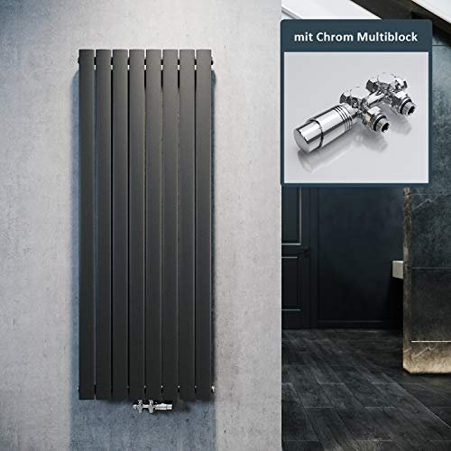 ELEGANT E Thermodecoration Design Flat 1600 x 616 mm avec thermostat multibloc chromé, radiateur plat anthracite simple couche verticale fixation centrale