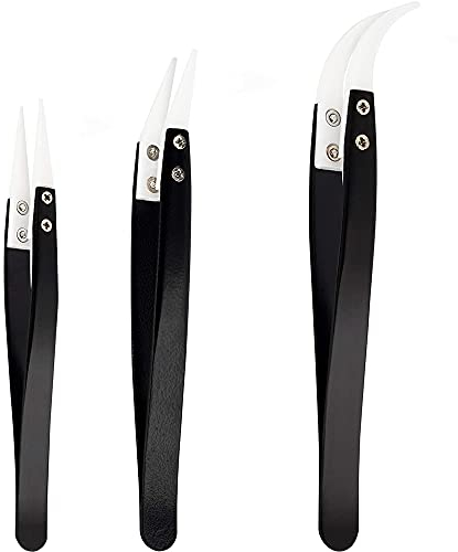 MMOBIEL Juego de 3 pinzas de cerámica para soldadura, curvadas, resistentes al calor, 1600 C/3000 F, para reparaciones electrónicas, joyas, ordenadores, trabajos de soldadura de laboratorio, etc.