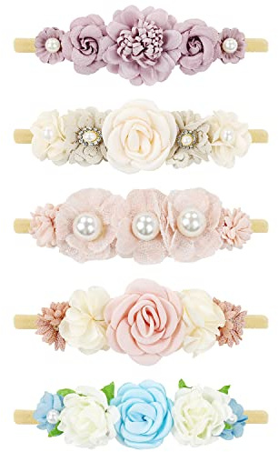 Cinaci 5 Pack Delicate Floral Flower Nylon Headbands Hair Bands Accessories for Baby Girls Newborns Infants Toddlers Kids (5 Pack S4)