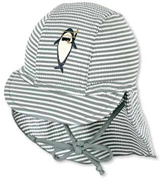 Sterntaler Schirmmütze Hai – UV-Schutz 50+ Baby Mütze mit Nackenschutz & Bindeband – Sonnenmütze aus Seersucker mit Hai-Druck – Bademode für Schwimmbad und Strand, mattgrün, Größe 53