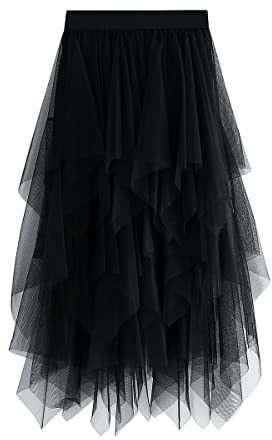 Damen Rock Tüll Unregelmäßig Unterrock Lagenrock Ballett Tutu Abschlussball Party Faltenkleid A-Linie Midirock High Waisted Rock (Schwarz, Einheitsgröße)