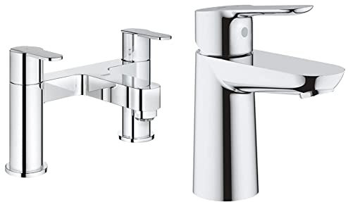 GROHE Get - Twin Handle Bath Mixer - Metal Handles - Deck Mounted - 2-Hole - Chrome - 25134000 & 23330000 | BauEdge Basin Mixer Tap
