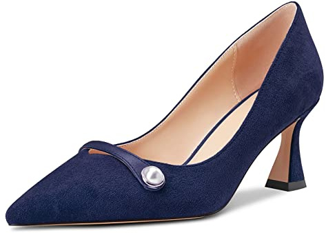 Castamere Femmes Bloc Chunky Mi Talon Heel Pointu Bout Slip-on Escarpins Mariage Bureau 6.5 CM Heels Bleu Marin 39 EU