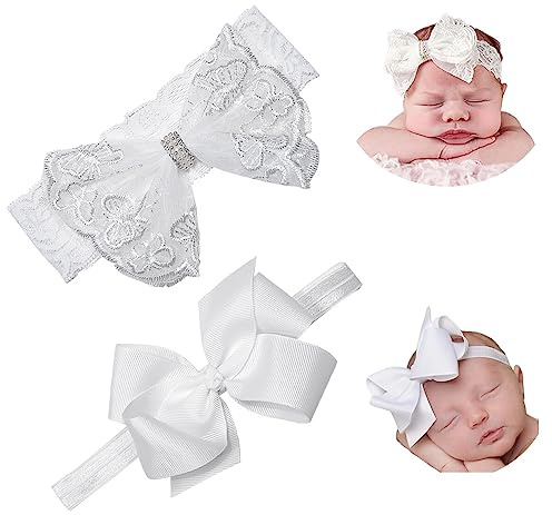 Nishine 2 Pack Christening Baby Baptism Headband with White Bow Hair Band for Children (Bowknot - Pack of 2)