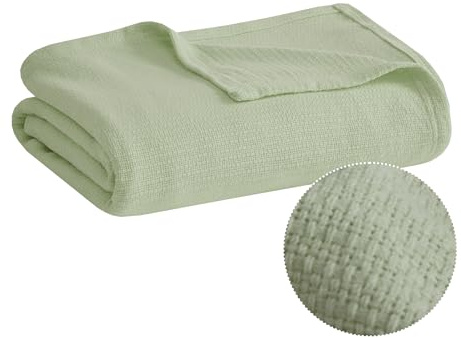 Madison Park Farmhouse Blanket,100% Cotton Luxuriously Soft Fresh Spun Farmhouse Basketweave Blanket Breathable All Seasons Lightweight Blanket for Bed, Couch and Office, Twin, Green