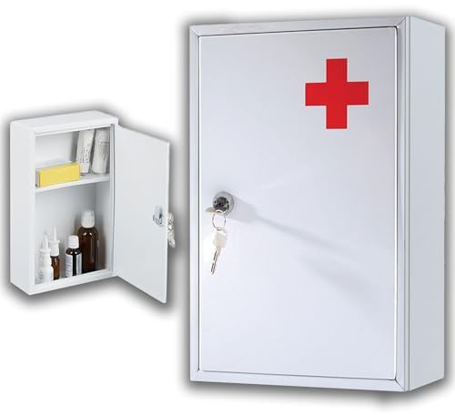 Buystarget Medicine Cabinet First Aid Storage Box Emergency Medical Locker Wall Mount Lockable Metal Case Box Home Office School Lab Kit Child Proof Safety Lock 2 Keys Fixings Included