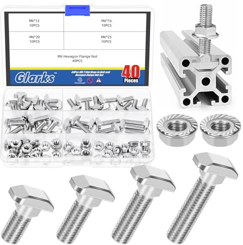 Glarks Lot de 80 boulons M6 en T avec écrou à bride hexagonale, 12/16/20/25 mm, boulon en T à tête de marteau, vis coulissantes en forme de T, goujon à vis en T pour profil en aluminium série 30
