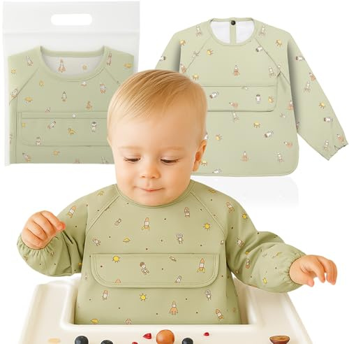 Weakup10 Babero con Mangas Impermeable | 6-36 Meses | Baberos Bebe Impermeables | Fácil de Limpiar | Regalo para Bebe | Bolsillo Delantero (Astronauta)