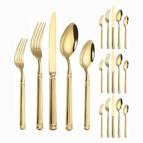 Light Luxury Forged Solid Roman Column Handle Kitchen Stainless Steel Silverware Tableware Flatware Cutlery Set Steak Knife Fork Spoon Teaspoon (Gold,20 Pieces)