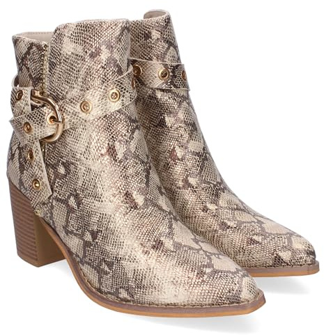 shoes&blues.es 86080 Botines de Tacon para Mujer, Comodos y Elegantes con Hebilla Decorativa y Cierre de Cremallera Lateral y Puntera Fina. Serpiente Talla 40